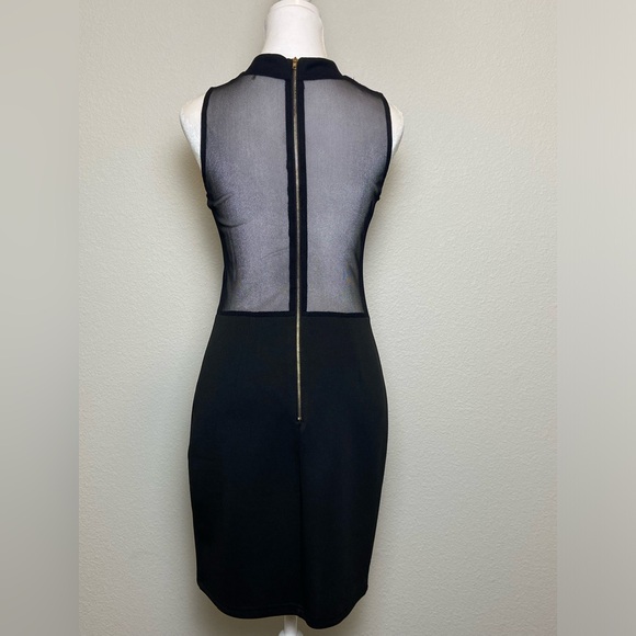 Black dodycon sheer lace appliqués high neck mesh midi length back zipper size M - Picture 3 of 3